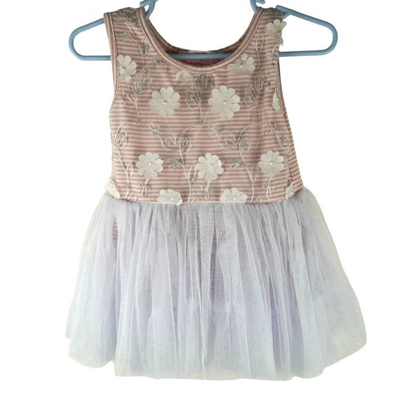 NWOT Popatu Baby Girls Tulle Dress 12M Floral Striped Cotton & Polyester - Picture 1 of 7